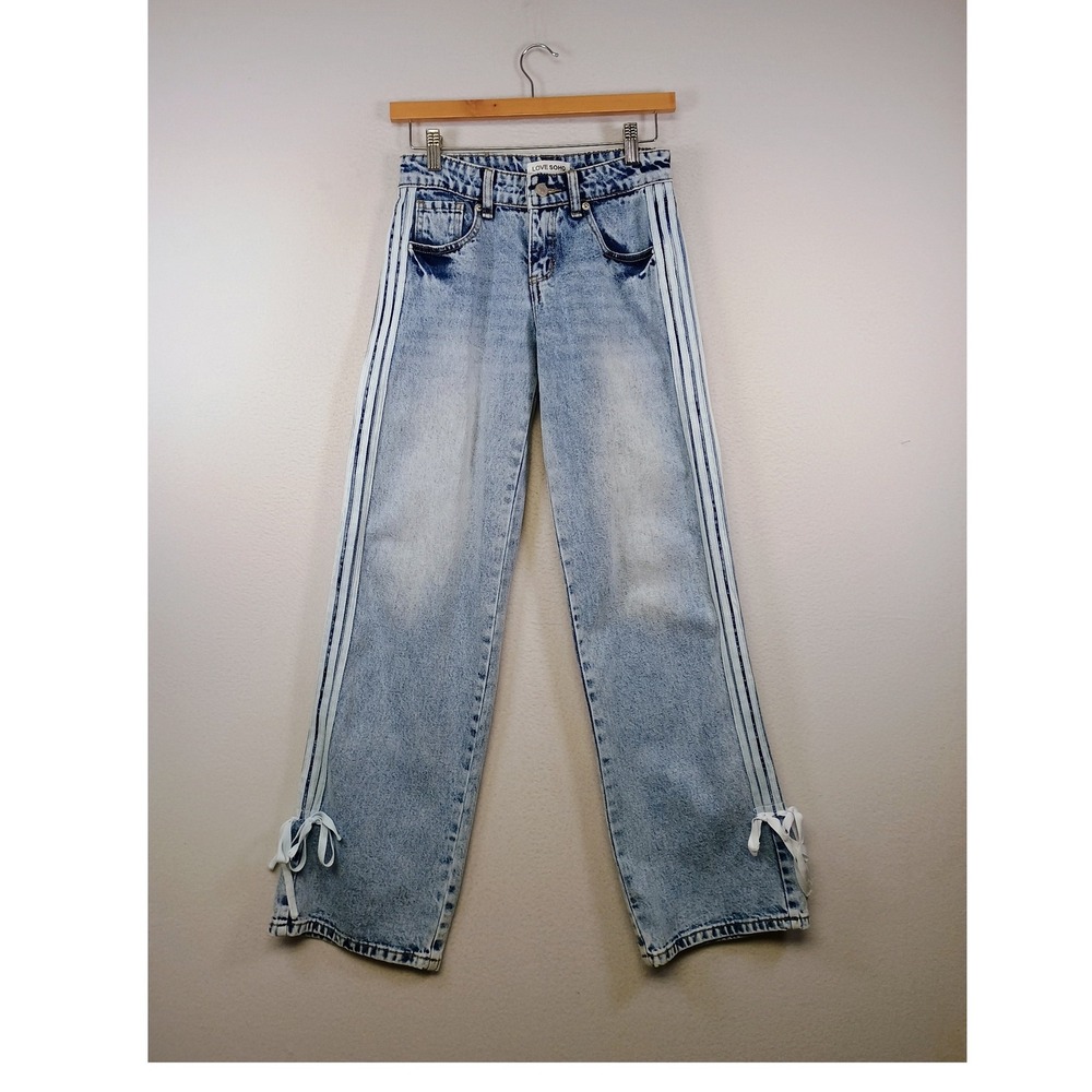 Y2K Streetwear Love Soho Womens 00 Blue‎ Acid Wash Side Stripe Ribbon Tie Jeans